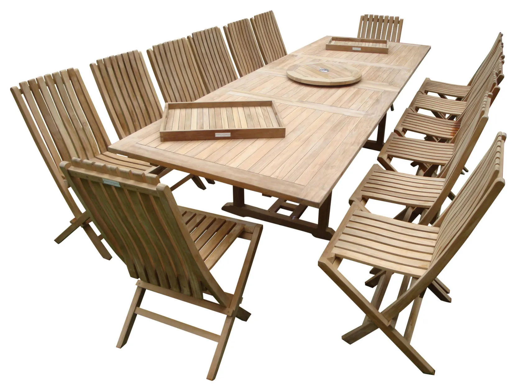 118" Buckingham Double Extension Table, 14 Folding Chairs, Grade A Teak