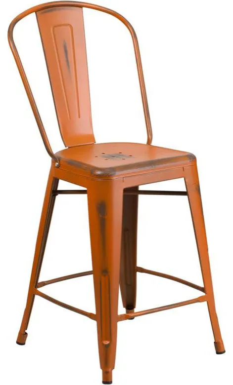 24" High Distressed Orange Metal Indoor Counter H Stool With Back