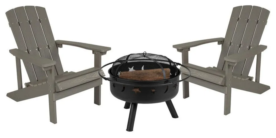 3 Piece Charlestown Gray Poly Resin Wood Adirondack Chair Set with Fire Pit...