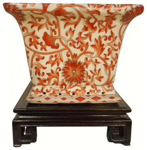 8" Red and White Porcelain Cachepot Planter