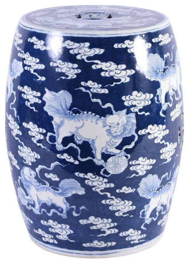 Blue Porcelain Garden Stool With White Lion Motif