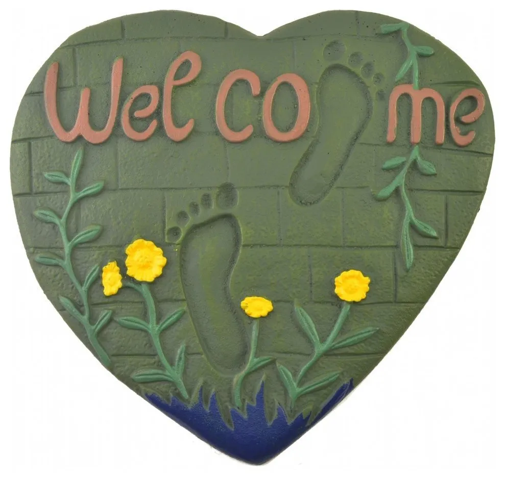 Cast Iron Yard And Garden Stepping Stone, Heart And Foot Prints, Welcome