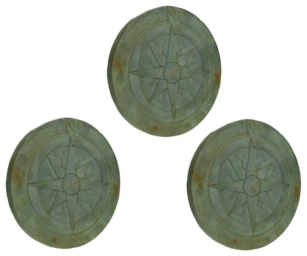 Compass Rose Verdigris Finish 10 Inch Round Cement Step Stone Set of 3