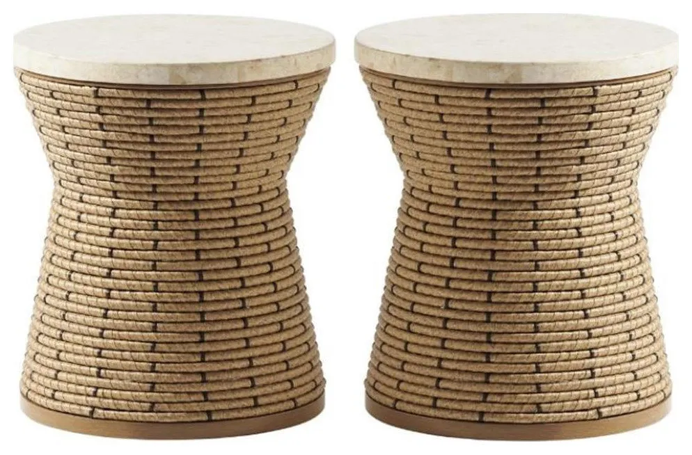 Home Square Stone Top Round Patio End Table in Aged Patina - Set of 2