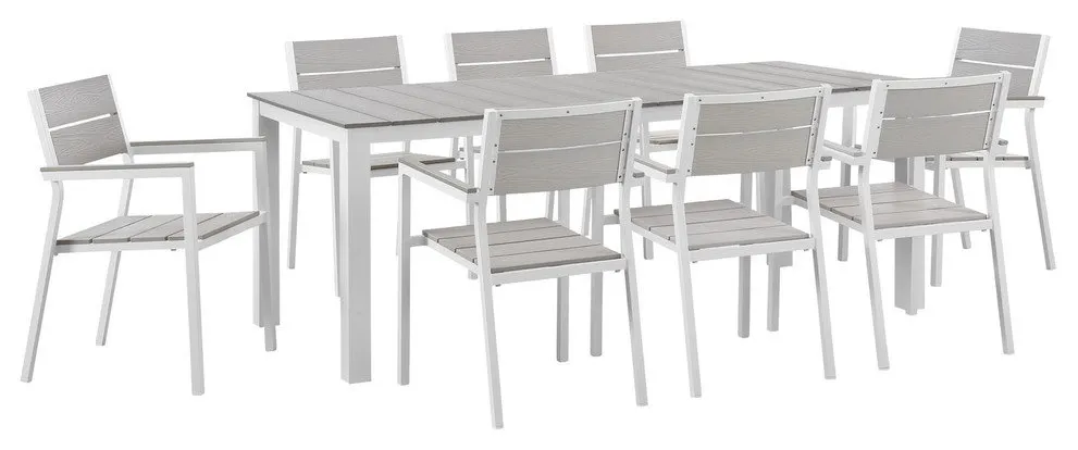 Modern Urban Contemporary 9-Piece Set Patio Dining Set, White Light Gray Steel