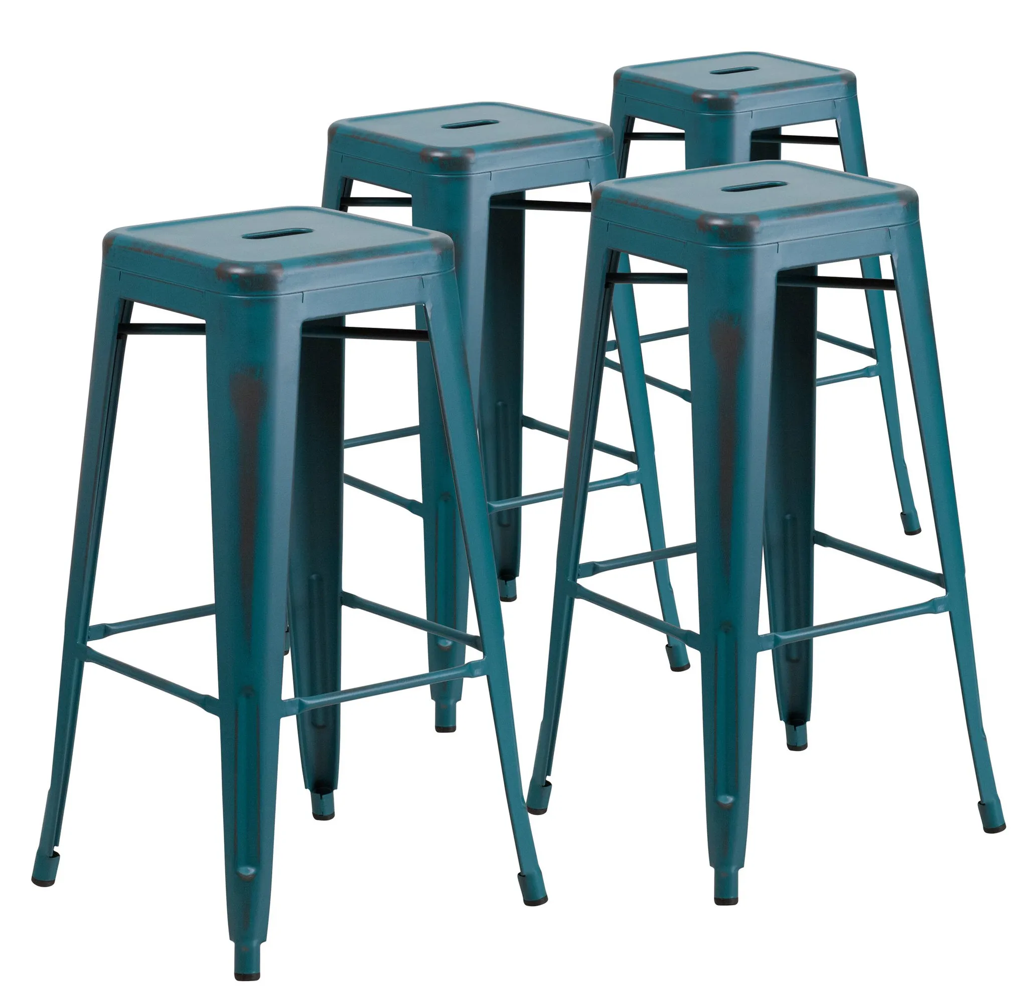 Set of 4 Industrial Bar Stools with Footrest and Outdoor-Ready Design, Distressed Kelly Blue Teal